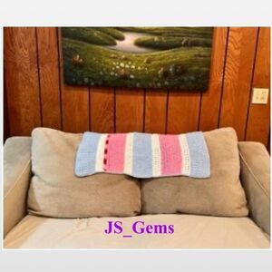 Vintage Hand Crocheted Blue, White & Pink Home Blanket